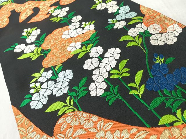 平和屋着物◎六通柄袋帯　草花文　黒地　金糸　正絹　逸品　CABM8448nb