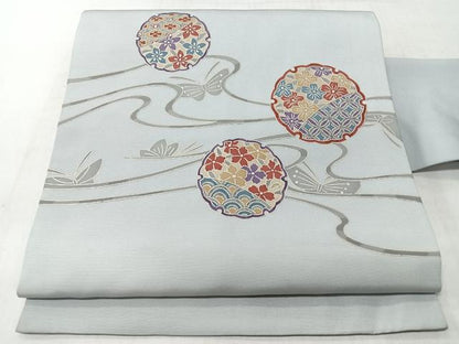 平和屋着物◎九寸名古屋帯　流水雪輪花蝶文　銀糸　CABM8450nb