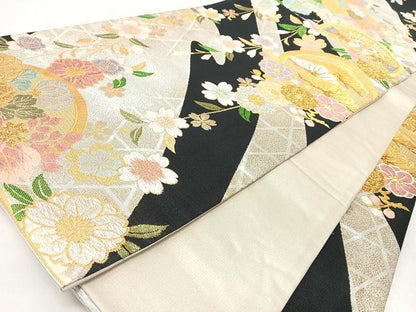 平和屋着物◎六通柄袋帯　向かい鳥草花丸も　黒地　金銀糸　正絹　逸品　CABM8455nb