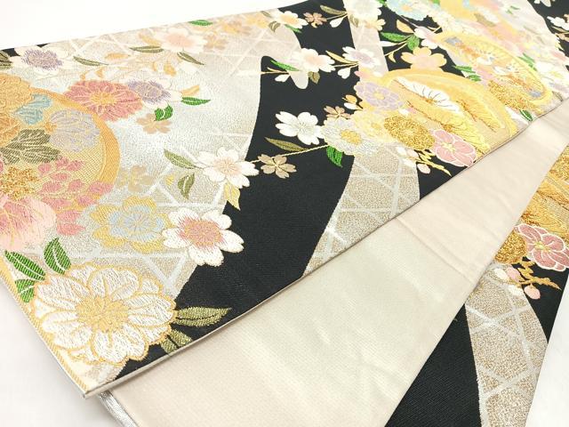 平和屋着物◎六通柄袋帯　向かい鳥草花丸も　黒地　金銀糸　正絹　逸品　CABM8455nb
