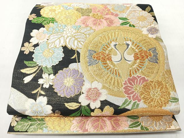 平和屋着物◎六通柄袋帯　向かい鳥草花丸も　黒地　金銀糸　正絹　逸品　CABM8455nb