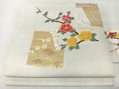 平和屋着物◎九寸名古屋帯　色紙重ね草花文　金銀糸　正絹　逸品　CABM8458nb