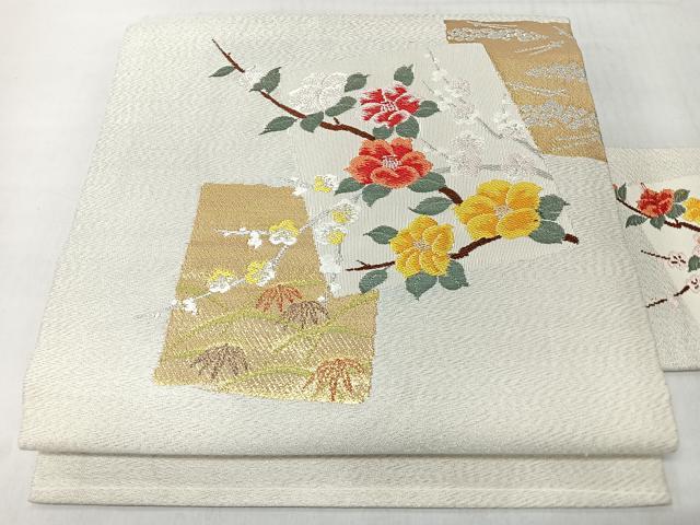平和屋着物◎九寸名古屋帯　色紙重ね草花文　金銀糸　正絹　逸品　CABM8458nb