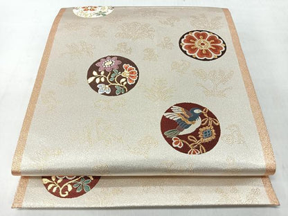 平和屋着物◎六通柄袋帯　花鳥舞蝶丸文　金糸　正絹　逸品　未使用　CABM8460nb