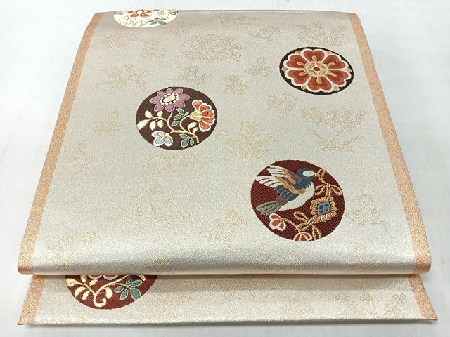 平和屋着物◎六通柄袋帯　花鳥舞蝶丸文　金糸　正絹　逸品　未使用　CABM8460nb