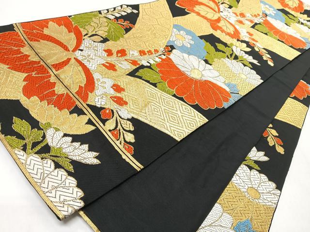 平和屋着物◎六通柄袋帯　吉祥　草花文　黒地　金糸　正絹　逸品　CABM8477nb