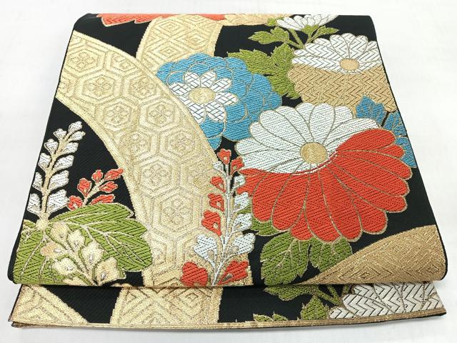 平和屋着物◎六通柄袋帯　吉祥　草花文　黒地　金糸　正絹　逸品　CABM8477nb