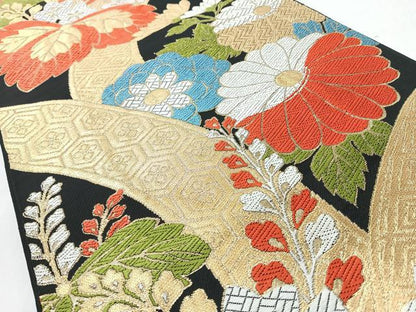 平和屋着物◎六通柄袋帯　吉祥　草花文　黒地　金糸　正絹　逸品　CABM8477nb