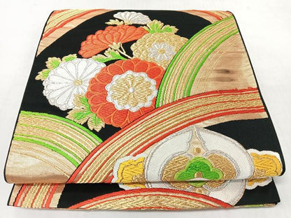 平和屋着物◎六通柄袋帯　唐織　更紗草花文　黒地　金銀糸　正絹　逸品　CABM8488nb
