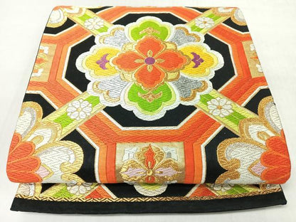 平和屋着物◎六通柄袋帯　唐織　蜀江更紗花文　黒地　金銀糸　正絹　逸品　CABM8489nb
