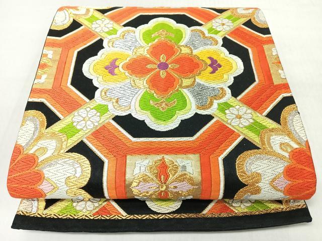 平和屋着物◎六通柄袋帯　唐織　蜀江更紗花文　黒地　金銀糸　正絹　逸品　CABM8489nb