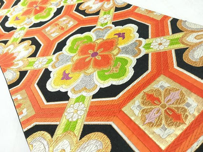 平和屋着物◎六通柄袋帯　唐織　蜀江更紗花文　黒地　金銀糸　正絹　逸品　CABM8489nb