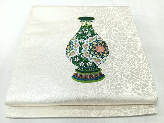 平和屋着物◎太鼓柄袋帯　総刺繍　陶器文　銀糸　正絹　逸品　CABM8491nb