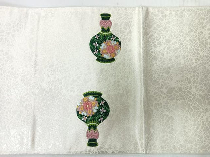 平和屋着物◎太鼓柄袋帯　総刺繍　陶器文　銀糸　正絹　逸品　CABM8491nb