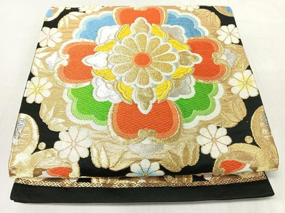 平和屋着物◎六通柄袋帯　正倉院花文　黒地　金銀糸　正絹　逸品　CABM8497nb
