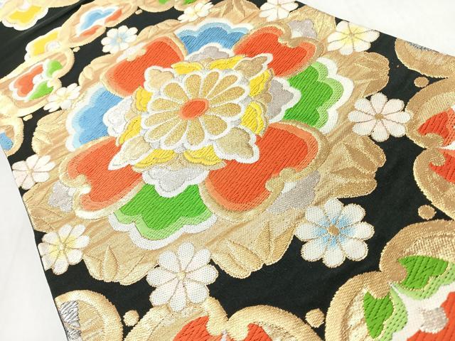平和屋着物◎六通柄袋帯　正倉院花文　黒地　金銀糸　正絹　逸品　CABM8497nb