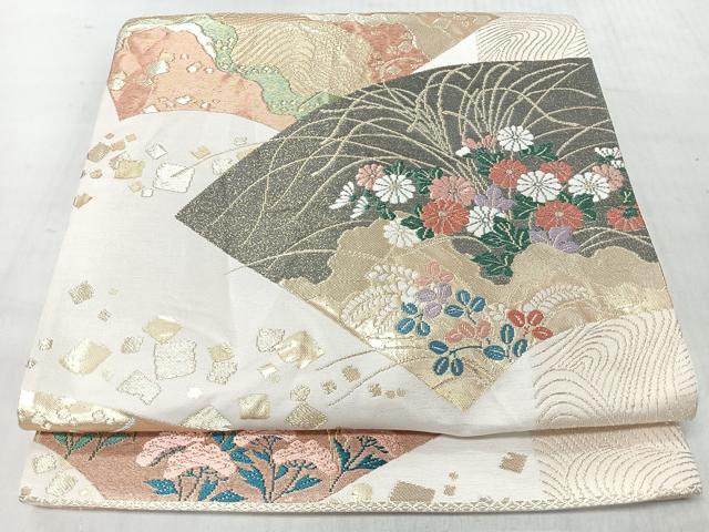平和屋着物◎六通柄袋帯　流水地紙草花文　金糸　正絹　逸品　CABM8501nb