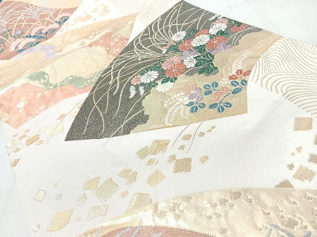 平和屋着物◎六通柄袋帯　流水地紙草花文　金糸　正絹　逸品　CABM8501nb