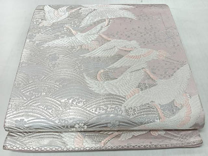 平和屋着物◎六通柄袋帯　流水飛鶴文　銀糸　正絹　逸品　CABM8506nb