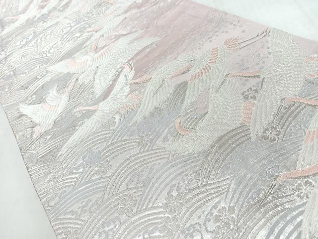 平和屋着物◎六通柄袋帯　流水飛鶴文　銀糸　正絹　逸品　CABM8506nb