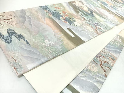 平和屋着物◎六通柄袋帯　プラチナ純銀箔二重織　流水鴛鴦草花文　正絹　逸品　CABM8509nb