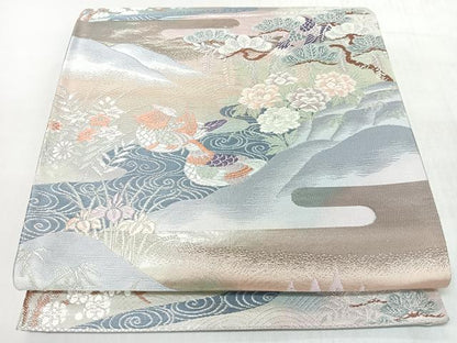 平和屋着物◎六通柄袋帯　プラチナ純銀箔二重織　流水鴛鴦草花文　正絹　逸品　CABM8509nb