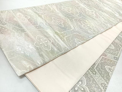 平和屋着物◎六通柄袋帯　亀甲花紋錦　銀糸　正絹　逸品　CABM8526nb