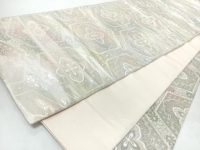 平和屋着物◎六通柄袋帯　亀甲花紋錦　銀糸　正絹　逸品　CABM8526nb
