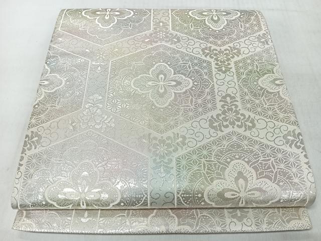 平和屋着物◎六通柄袋帯　亀甲花紋錦　銀糸　正絹　逸品　CABM8526nb