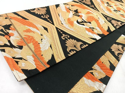 平和屋着物◎六通柄袋帯　唐織　向かい鳥文　黒地　金銀糸　正絹　逸品　CABM8532nb
