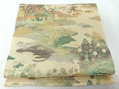 平和屋着物◎八寸名古屋帯　風景文　金糸　正絹　逸品　CABM8534nb