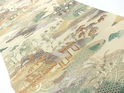 平和屋着物◎八寸名古屋帯　風景文　金糸　正絹　逸品　CABM8534nb