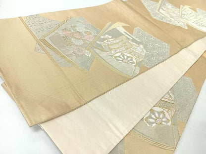 平和屋着物◎六通柄袋帯　唐織　御所車冊子草花文　金銀糸　正絹　逸品　CABM8548nb