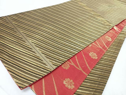 平和屋着物◎両面　全通柄袋帯　斜線文　金糸　正絹　逸品　CABM8576nb