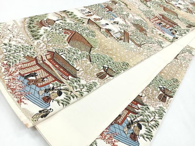 平和屋着物◎六通柄袋帯　人物風景文　金糸　正絹　逸品　CABM8584nb
