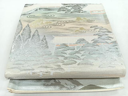 平和屋着物◎西陣　六通柄袋帯　風景文　錦プラチナ箔　証紙付き　正絹　逸品　未使用　CABM8590nb