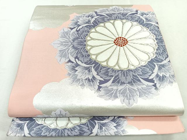 平和屋着物◎六通柄袋帯　雲取り草花文　銀糸　正絹　逸品　CABM8606nb