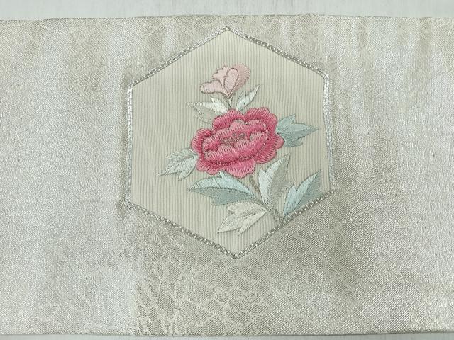 平和屋着物◎九寸名古屋帯　総刺繍　駒刺繍　草花文　銀糸　正絹　逸品　CABM8621nb