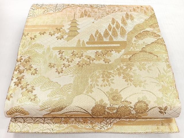 平和屋着物◎佐賀錦　六通柄袋帯　風景文　金糸　正絹　逸品　未使用　CABM8639nb