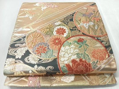 平和屋着物◎両面　六通柄袋帯　唐織　麗華　流水花蝶丸文　金銀糸　正絹　逸品　CABM8699nb