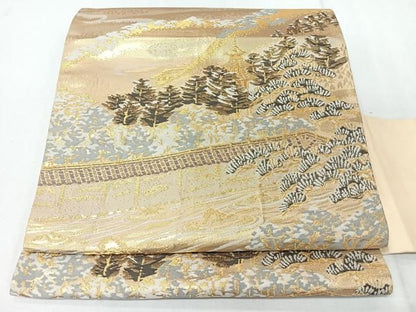 平和屋着物◎九寸名古屋帯　風景文　金糸　正絹　逸品　CABM8710nb