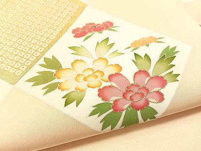 平和屋着物●塩瀬　九寸名古屋帯　菱花文　金彩　正絹　逸品　CABM8802vp