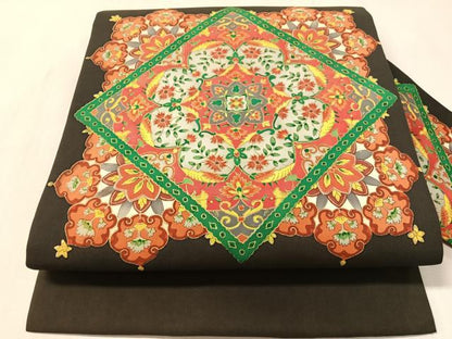 平和屋着物●塩瀬　九寸名古屋帯　花唐草菱文　黒地　金彩　正絹　逸品　CABM8803vp