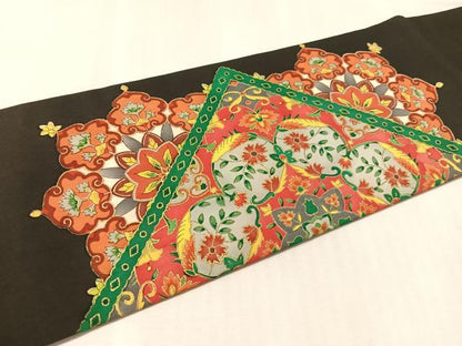 平和屋着物●塩瀬　九寸名古屋帯　花唐草菱文　黒地　金彩　正絹　逸品　CABM8803vp