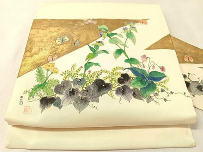 平和屋着物●塩瀬　九寸名古屋帯　作家物　手描き　草花図　金彩　正絹　逸品　CABM8805vp