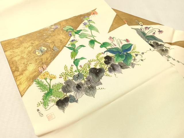 平和屋着物●塩瀬　九寸名古屋帯　作家物　手描き　草花図　金彩　正絹　逸品　CABM8805vp
