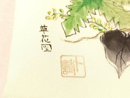平和屋着物●塩瀬　九寸名古屋帯　作家物　手描き　草花図　金彩　正絹　逸品　CABM8805vp