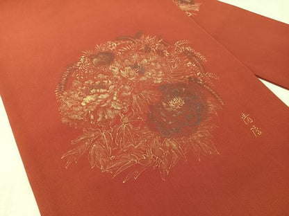 平和屋着物●塩瀬　九寸名古屋帯　作家物　牡丹丸文　紅海老茶色　金彩　正絹　逸品　CABM8811vp