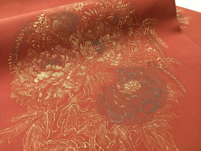 平和屋着物●塩瀬　九寸名古屋帯　作家物　牡丹丸文　紅海老茶色　金彩　正絹　逸品　CABM8811vp