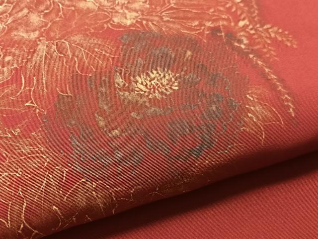 平和屋着物●塩瀬　九寸名古屋帯　作家物　牡丹丸文　紅海老茶色　金彩　正絹　逸品　CABM8811vp